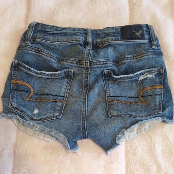 American Eagle Outfitters Distressed Blue Jean Shorts - Hi-Rise Shortie Size 00 - Picture 6 of 7